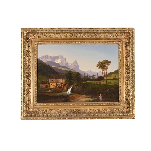 92 - CONTINENTAL SCHOOL (19TH CENTURY)ALPINE LANDSCAPE WITH FIGURE AT THE RIVER'S EDGE Oil on canvas Indi... 