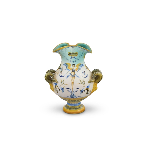 148 - A ULLISE CANTAGALLI TWO-HANDLED DOUBLE-SPOUTED VASELATE 19TH CENTURYDecorated with grotteschi, cocke... 