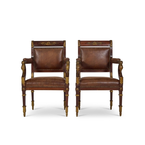 150 - A PAIR OF CARVED AND PARCEL GILT ARMCHAIRS IN FRENCH EMPIRE STYLE MID 20TH CENTURY, ATTRIBUTED TO MA... 