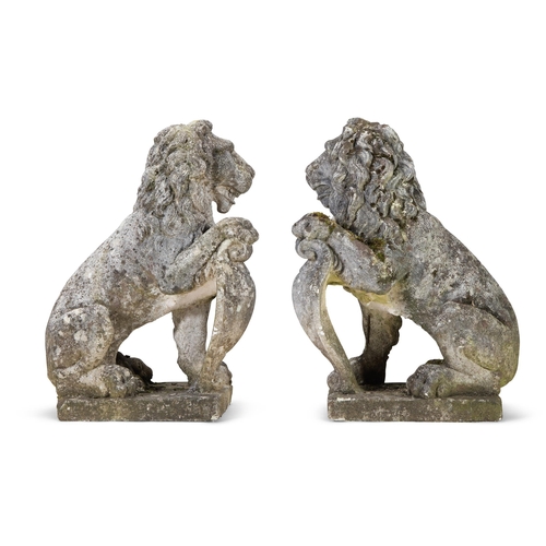 227 - A PAIR OF VENETIAN CAST STONE LIONS LATE 19TH CENTURY Modelled opposing, each modelled seated on the... 