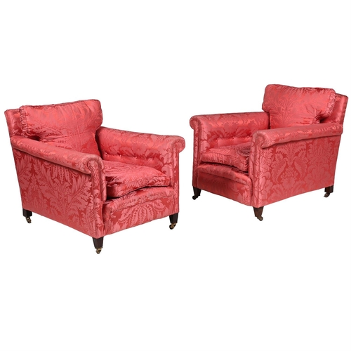 544 - A PAIR OF OAK AND RED DAMASK UPHOLSTERED ARMCHAIRS CIRCA 1900, IN THE MANNER OF HOWARD & SONSEach 74... 