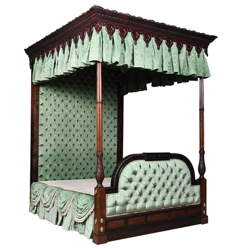 562 - A MAHOGANY FOUR POST BED20TH CENTURY, IN GEORGE III STYLEPale green watered silk hangings, head and ... 