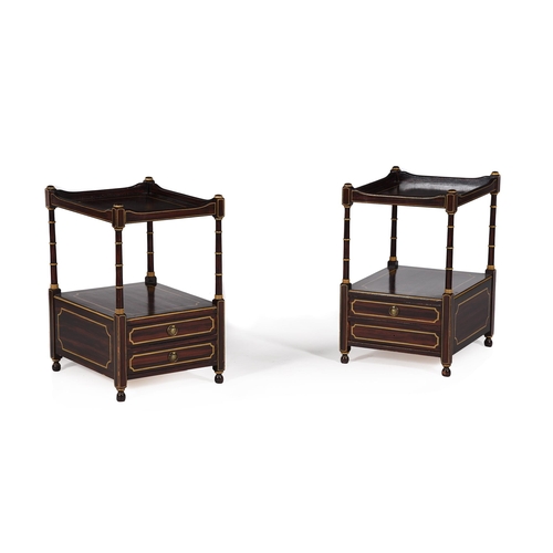 580 - A PAIR OF SIMULATED ROSEWOOD AND PARCEL GILT TWO-TIER ETAGERES OR SIDE TABLESIN REGENCY STYLE, 20TH ... 