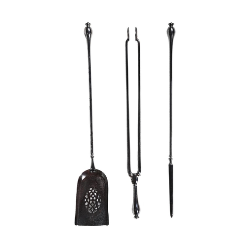 588 - A SET OF REGENCY STEEL FIRE TOOLS CIRCA 1820Comprising shovel, poker, and tongsEach with a baluster ... 