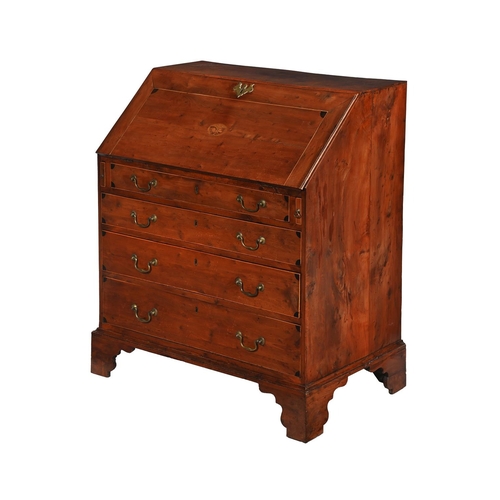 597 - A GEORGE III YEW WOOD AND MARQUETRY BUREAULATE 18TH CENTURYThe fall centred with a marquetry butterf... 