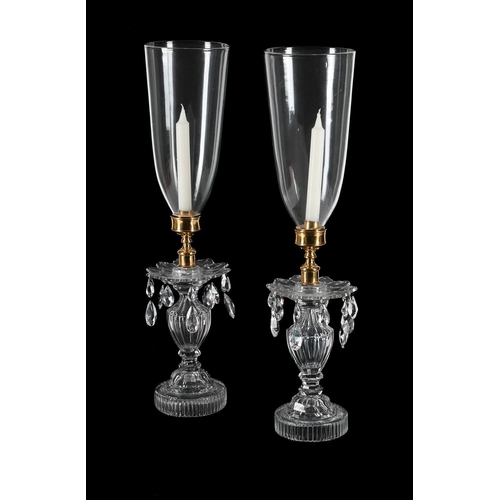 599 - A PAIR OF CUT GLASS AND BRASS MOUNTED STORM LANTERNS, IN REGENCY STYLE IN THE MANNER JOHN BLADES, EA... 