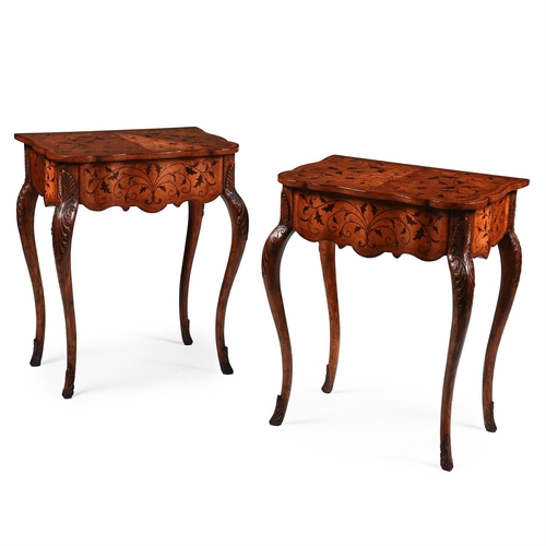 565 - A PAIR OF WALNUT AND MARQUETRY INLAID SIDE TABLESIN DUTCH 18TH CENTURY STYLE, LATE 20TH OR EARLY 21S... 