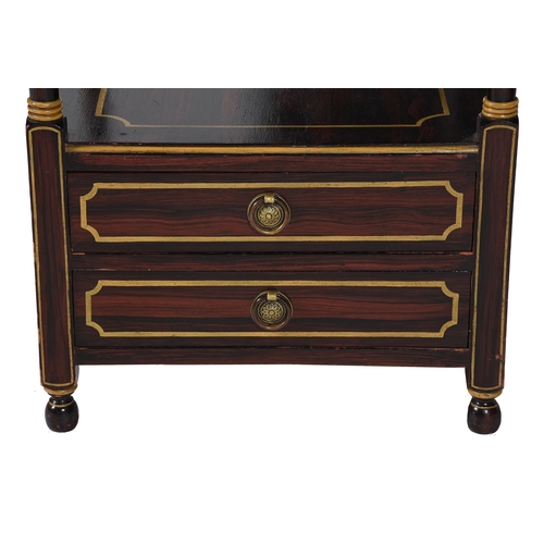 580 - A PAIR OF SIMULATED ROSEWOOD AND PARCEL GILT TWO-TIER ETAGERES OR SIDE TABLESIN REGENCY STYLE, 20TH ... 