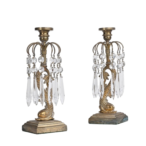 592 - A PAIR OF BRASS TABLE LUSTRE CANDLESTICKSIN EARLY 19TH CENTURY STYLE, 20TH CENTURY each 26cm high