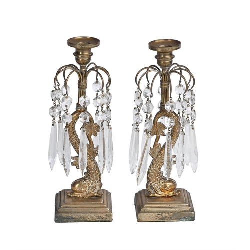 592 - A PAIR OF BRASS TABLE LUSTRE CANDLESTICKSIN EARLY 19TH CENTURY STYLE, 20TH CENTURY each 26cm high