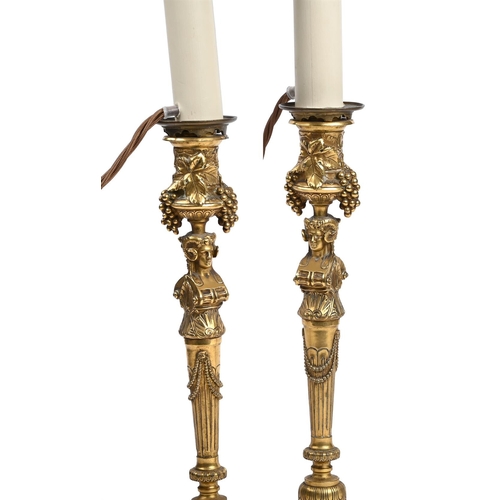 303 - A PAIR OF FRENCH ORMOLU CANDLESTICKS, CAST BY BARBEDIENNE FITTED FOR ELECTRICITY, LAST QUARTER 19TH ... 