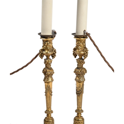 303 - A PAIR OF FRENCH ORMOLU CANDLESTICKS, CAST BY BARBEDIENNE FITTED FOR ELECTRICITY, LAST QUARTER 19TH ... 