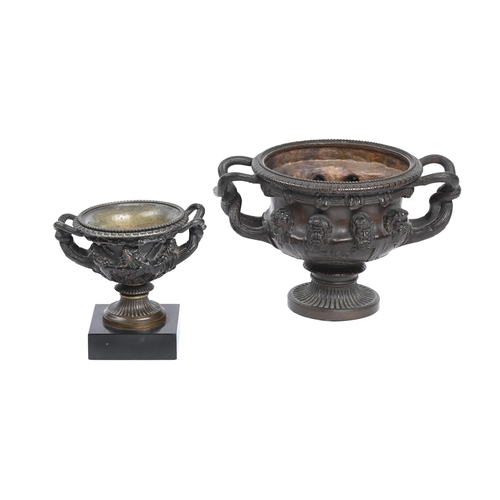 347 - AFTER THE ANTIQUE, TWO BRONZE MODELS OF THE WARWICK VASE LATE 19TH CENTURYThe larger with Collas red... 