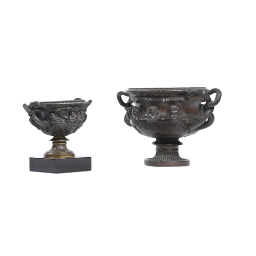 347 - AFTER THE ANTIQUE, TWO BRONZE MODELS OF THE WARWICK VASE LATE 19TH CENTURYThe larger with Collas red... 