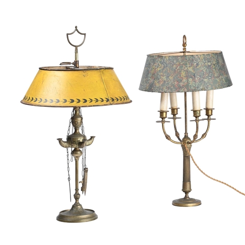 353 - TWO FRENCH GILT METAL TABLE LIGHTS19TH CENTURY AND LATERthe taller with yellow tole peinte shade 65c... 