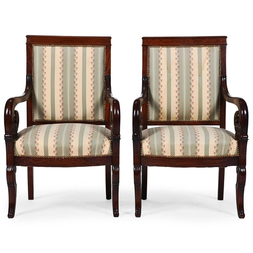 355 - A PAIR OF MAHOGANY AND UPHOLSTERED ARMCHAIRS IN EMPIRE STYLE EARLY 20TH CENTURYEach 98cm high, 61cm ... 