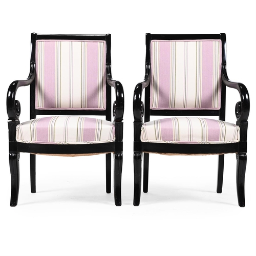 357 - A PAIR OF LOUIS PHILIPPE EBONISED AND UPHOLSTERED FAUTEUILS MID 19TH CENTURY90cm high, 50cm wide, 57... 