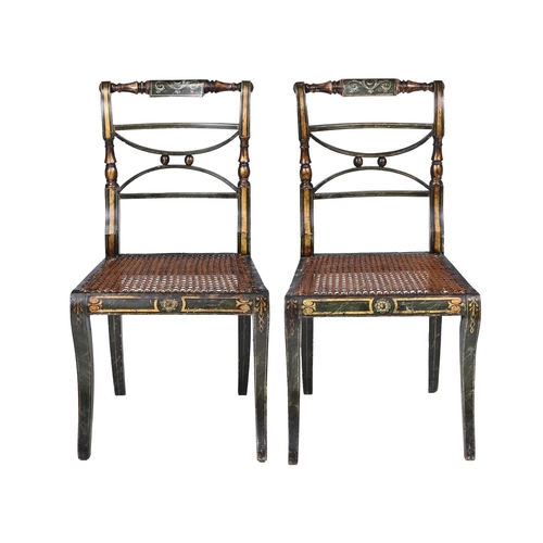 373 - A PAIR OF REGENCY GREEN PAINTED AND PARCEL GILT SIDE CHAIRSCIRCA 1815each 85cm high, 47cm wide, 52cm... 