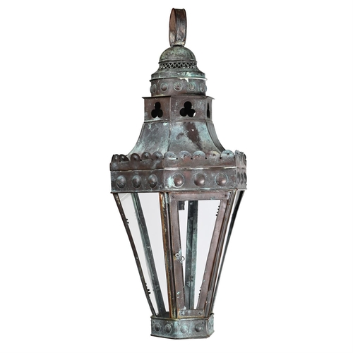 381 - AN ARTS AND CRAFTS VERDIGRIS COPPER LANTERNLATE 19TH CENTURY77cm high overall, 34cm wide