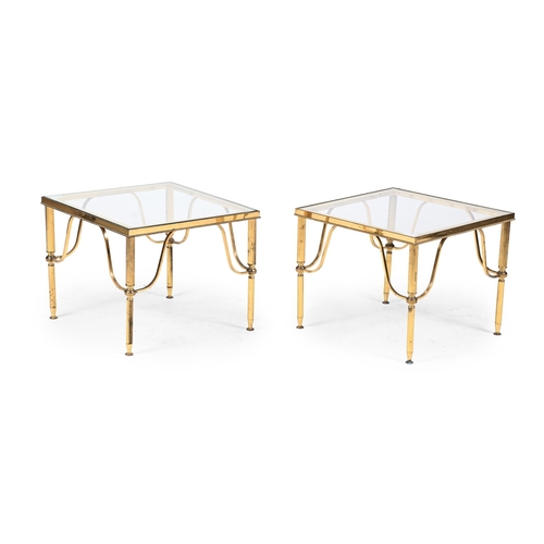 396 - A PAIR OF GILT METAL AND GLASS TOPPED LOW TABLES20TH CENTURY38cm high, 47cm wide, 47cm deep