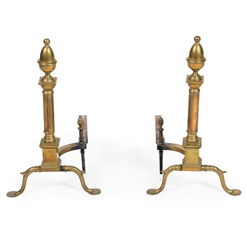 405 - A LARGE PAIR OF BRASS AND IRON ANDIRONS IN THE AMERICAN 'QUEEN ANNE' STYLE EARLY 20TH CENTURY 60cm h... 