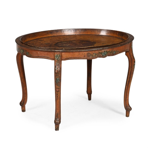 406 - A TOLE PEINTE TRAYEARLY 19TH CENTURY ON LATER BASEThe tray with two pierced handles, on a wood stand... 