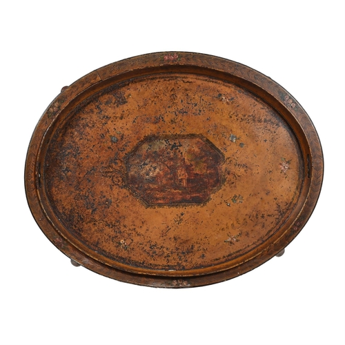 406 - A TOLE PEINTE TRAYEARLY 19TH CENTURY ON LATER BASEThe tray with two pierced handles, on a wood stand... 