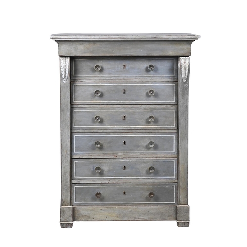 413 - A FRENCH PAINTED SEMAINIER OR TALL CHEST OF DRAWERS 19TH CENTURY AND LATER PAINTED139cm high, 104cm ... 