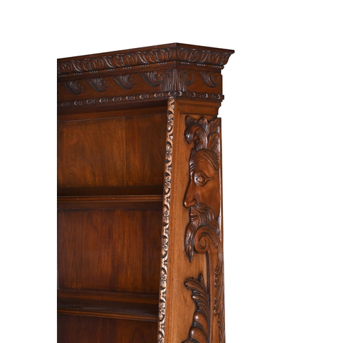 431 - A PAIR OF WALNUT OPEN BOOKCASES OF RECENT MANUFACTURE With Vitruvian scrolls to the cornice, the tap... 