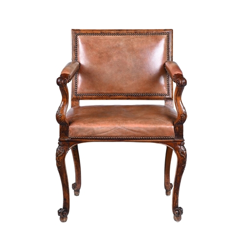 445 - A LOUIS XV CARVED BEECH AND LEATHER UPHOLSTERED FAUTEUILMID 18TH CENTURY89cm high, 63cm wide, 54cm d... 