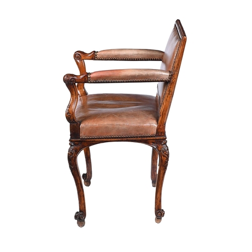 445 - A LOUIS XV CARVED BEECH AND LEATHER UPHOLSTERED FAUTEUILMID 18TH CENTURY89cm high, 63cm wide, 54cm d... 