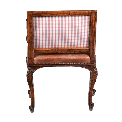 445 - A LOUIS XV CARVED BEECH AND LEATHER UPHOLSTERED FAUTEUILMID 18TH CENTURY89cm high, 63cm wide, 54cm d... 