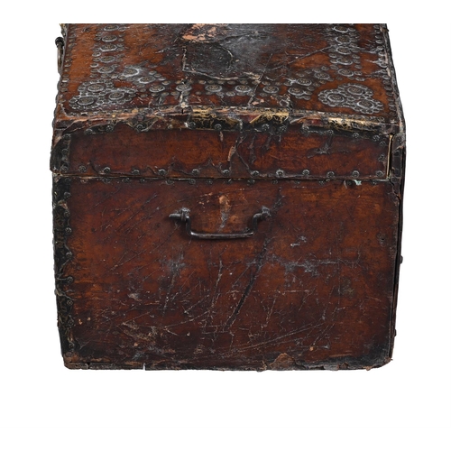 456 - A CONTINENTAL LEATHER BOUND, STUDDED AND BRASS MOUNTED BOX18TH CENTURY34cm high, 64cm wide, 39cm dee... 