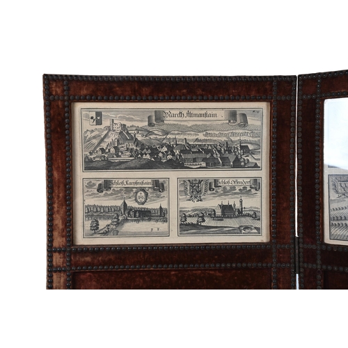 881 - A GERMAN CRIMSON VELVET AND PRINT INSET THREE FOLD SCREEN LATE 19TH CENTURYMounted with antique arch... 