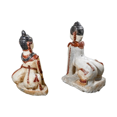 601 - A PAIR OF BURMESE WHITE MARBLE PAINTED FIGURESMANDALAY PERIOD, EARLY 19TH CENTURYthe larger 87cm hig... 