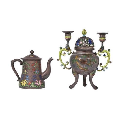 609 - A SILVER AND ENAMELLED TEAPOT AND AN INCENSE BURNER WITH CANDLEHOLDERSCHINESE, LATE 18TH CENTURY the... 