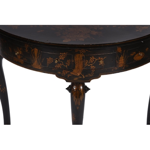 623 - A BLACK JAPANNED AND GILT DECORATED DEMI-LUNE SIDE TABLEIN QUEEN ANNE STYLE, 20TH CENTURY The frieze... 