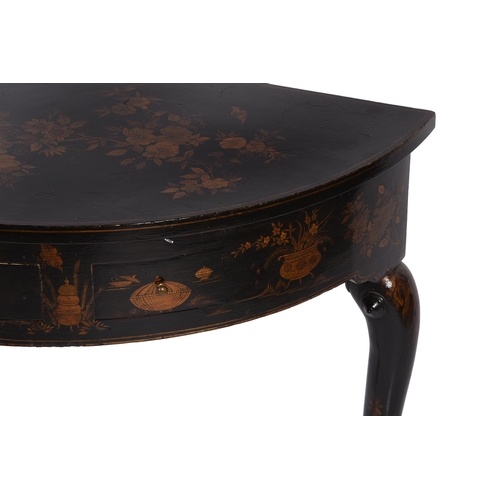 623 - A BLACK JAPANNED AND GILT DECORATED DEMI-LUNE SIDE TABLEIN QUEEN ANNE STYLE, 20TH CENTURY The frieze... 