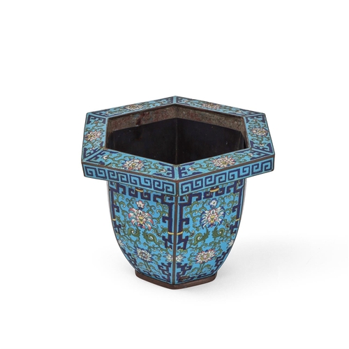 632 - A CHINESE CLOISONNE TURQUOISE GROUND HEXAGAONAL JARDINIERE LATE QING DYNASTY18.5cm high