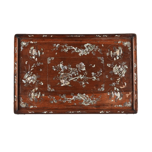 639 - Y TWO CHINESE HARDWOOD TRAYS:The larger inlaid with engraved mother of pearl and with silver mounts,... 