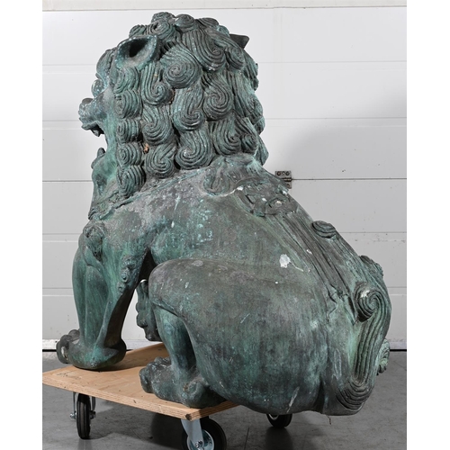 646 - A VERY LARGE PAIR OF PATINATED METAL GARDEN MODELS OF CHINESE GUARDIAN LIONS OR FOO DOGS20TH CENTURY... 