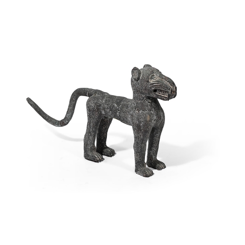 651 - A PAIR OF PATINATED METAL GARDEN MODELS OF CATS IN THE BENIN MANNER, 20TH CENTURY each approximately... 