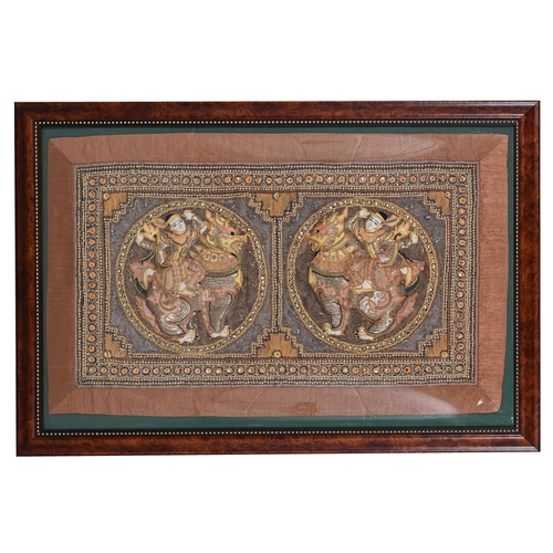 685 - THREE VARIOUS THAI EMBROIDERED PANELS20TH CENTURYComprising a pair depicting elephants and the other... 