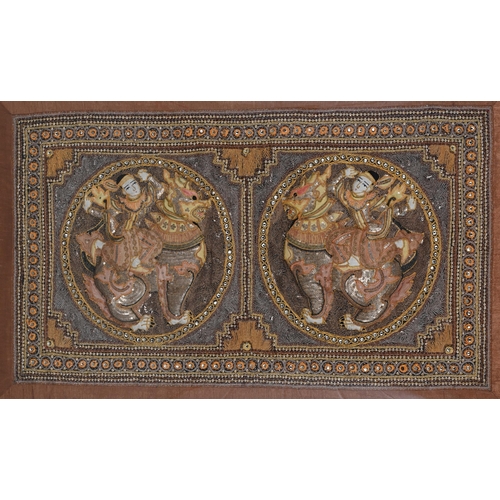 685 - THREE VARIOUS THAI EMBROIDERED PANELS20TH CENTURYComprising a pair depicting elephants and the other... 