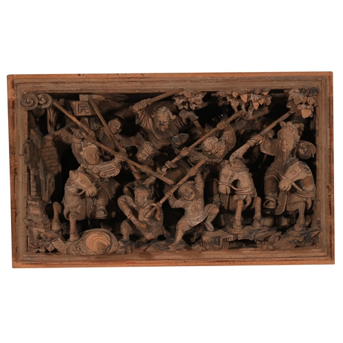 700 - A GROUP OF FOUR CHINESE CARVED WOOD DISPLAY PANELS DEPICTING BATTLES 20TH CENTURY each approximately... 