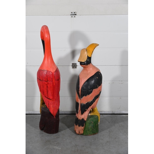 719 - TWO SIMILAR CARVED WOOD POLYCHROME PAINTED BIRDSOne in the form of a flamingo approximately 118cm hi... 