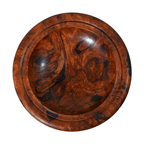 754 - A TURNED BURR WOOD, POSSIBLY YEW, FRUIT OR CENTER BOWL LATE 20TH CENTURY 49cm diameter TOGETHER WITH... 