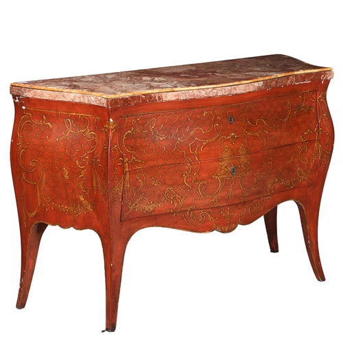 766 - AN ITALIAN RED PAINTED AND PARCEL GILT COMMODE 19TH CENTURYWith marble top86cm high, 132cm wide, 46c... 