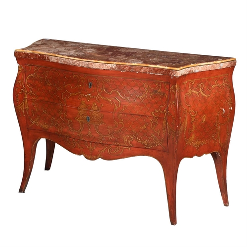 766 - AN ITALIAN RED PAINTED AND PARCEL GILT COMMODE 19TH CENTURYWith marble top86cm high, 132cm wide, 46c... 