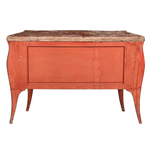 766 - AN ITALIAN RED PAINTED AND PARCEL GILT COMMODE 19TH CENTURYWith marble top86cm high, 132cm wide, 46c... 